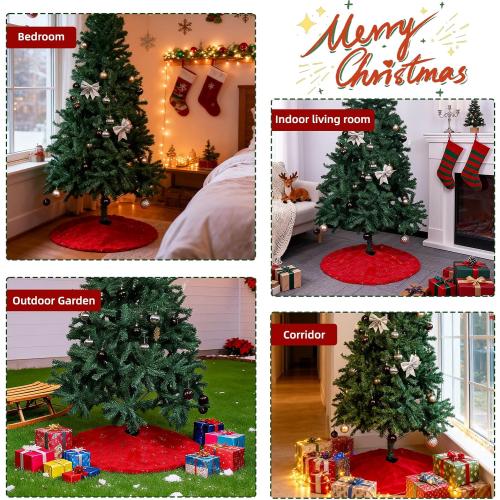 Christmas Tree Skirt Red, 36 Inch Large Soft Plush Xmas Tree Skirts, Double Layer Luxury Tree Skirt w/Silver Snowflake Sequin, Christmas Trees Decoration for Holiday Party Indoor Party Home Decor
