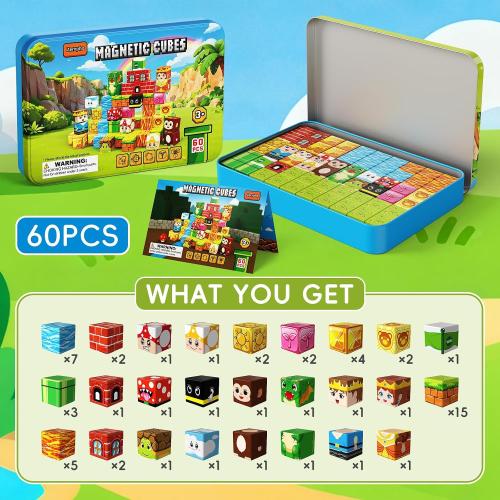 60PCS Mini Magnetic Building Cubes Set, Adventure-themed Magnetic Blocks, Portable Magnetic Travel Blocks with Iron Case, Educational Toy for Kids STEM & Construction Learning for Kids Aged 3