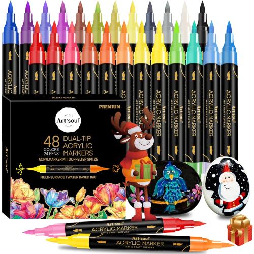 48 Colors Acrylic Paint Pens, 24 Pack Dual Tip Acrylic Paint Pens Markers for Rock Painting, Wood, Stone, Canvas, Ceramic, Glass Surfaces, DIY Crafting & Art Supplies