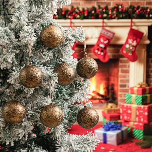 24 Pcs Farmhouse Christmas Ball Ornaments 3.15'' Vintage Antique Gold Christmas Tree Decor Rustic Distressed Neutral Ornaments with Loop Shatterproof Hanging Ball for Farmhouse Xmas Decor