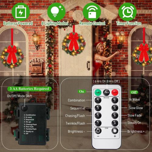 Ceenna Set of 6 Prelit Lighted Christmas Wreath 15 Inch Prelit Christmas Wreath with Large Buffalo Bow Battery Operated with 8 Modes Timer Remote Holiday Indoor Outdoor Decor(Retro)