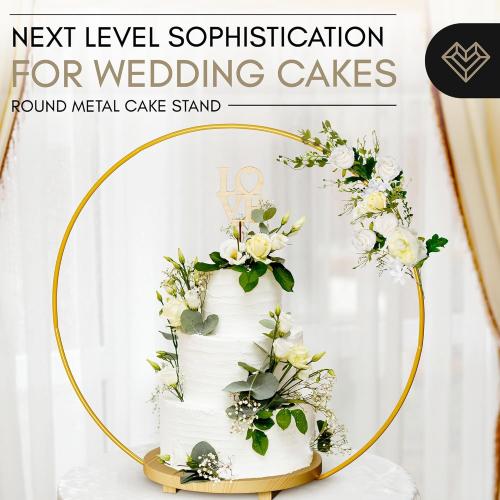 Wedding Cake Stand 16in Wood Base with Golden Metal Floral Hoop Centerpiece & Screws, Cake Display Stand for 3 Tiered Cakes, Cupcakes & More