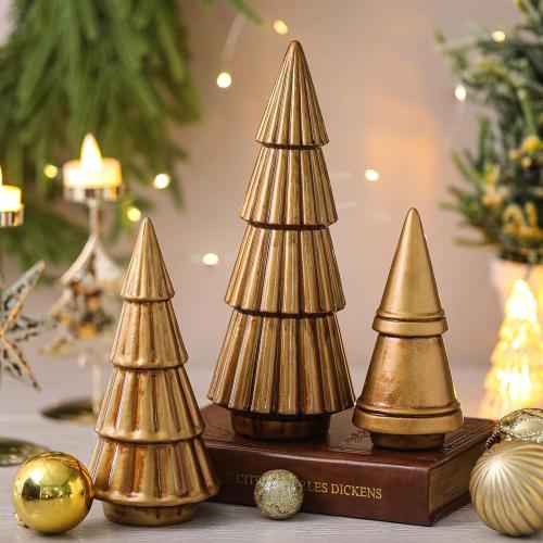 Pinkunn 3 Pcs Neutral Christmas Tree Figurines,Minimalism Resin Christmas Tree Ornament Tabletop,Modern Matte Xmas Trees Table Centerpiece for Home Winter Mantel Indoor Holiday Decoration (Gold)