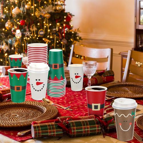 Dandat 16 oz  Christmas Coffee Paper Cups with Lids Disposable Christmas Paper Cups for Hot Cocoa Tea Beverage Holiday Xmas Party Supplies