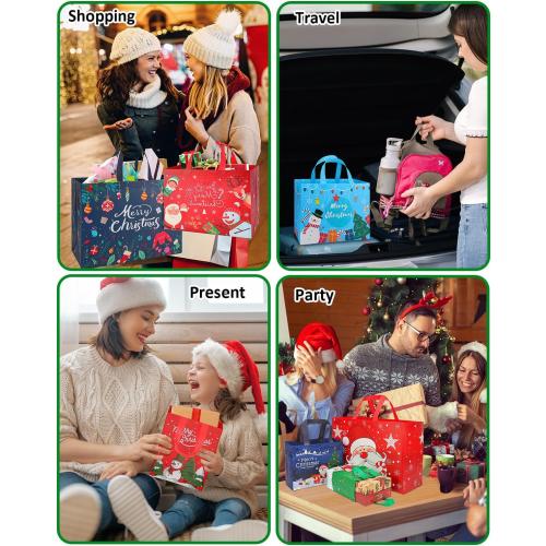 Christmas Gift Bags Assorted Sizes, Extra Large/Medium/Small 12PC Christmas Tote Bags with Handles, Heavy Duty Non-Woven Christmas Shopping Bags, Party Favor Bags, Large Holiday Bags for Presents Bulk
