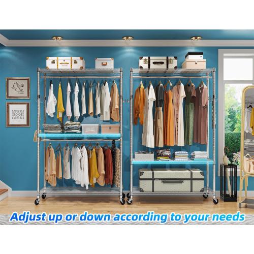 Simple Trending Clothing Garment Rack with 3 Tiers Storage Shelves, Heavy Duty Rolling Clothes Organizer Double Rods with Wheels for Hanging Clothes, Chrome