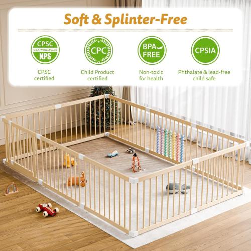IKALIFE Extra Large Wooden Baby Playpen - Size Adjustable Fence for Babies and Toddlers, Baby Play Yard with Locking Gate, Indoor Play Pen for Kids Activity Center 10 Panels 94.5”×63.5”