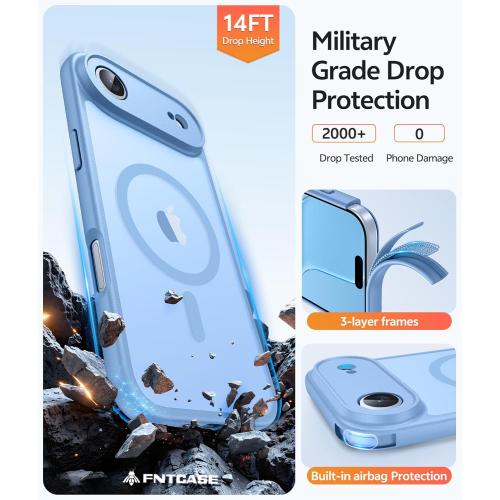 FNTCASE for iPhone Air Case: [Compatible with Magsafe] Translucent Matte Cases with [Full Camera Protection] [Screen Protector] Military Grade Shockproof Protective Phone Cover - Light Blue