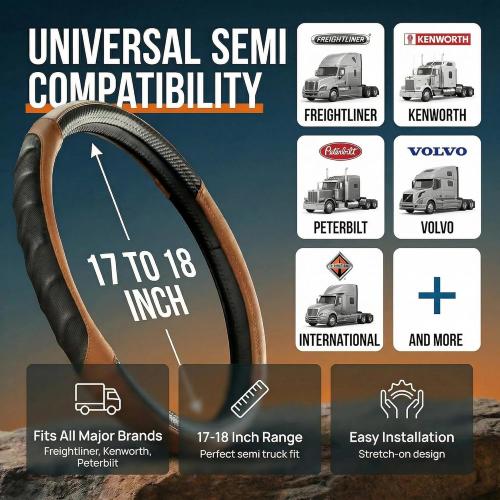 18 Inch Semi Truck Steering Wheel Cover for Freightliner Cascadia, Kenworth T680 T880, Peterbilt 579 & Volvo VNL – Heavy Duty Anti-Slip Leather Grip for Big Rig Class 8 Trucks – Brown