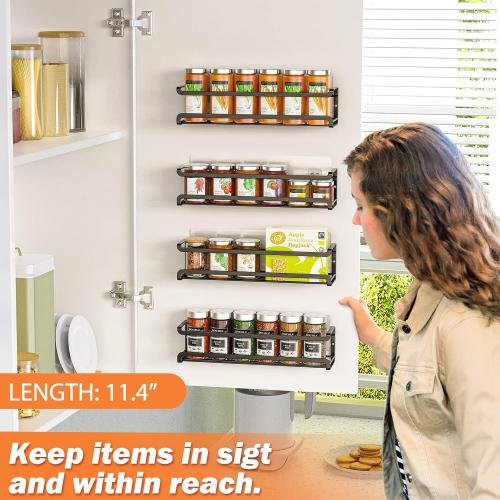 Bunoxea Spice Rack Wall Mounted 4 Pack, Black,For Spice Jars & Seasonings | 4 Removalble Hooks,Screw or Adhesive Hanging, Space-Saving,For Kitchen Cabinet, Pantry Door,Stove,RV Use,11.41x2.75x2.75in