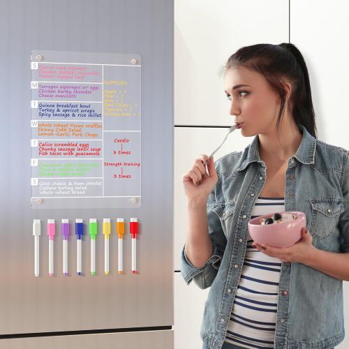 Acrylic Magnetic Meal Planner Menu Board for Kitchen Fridge w/ 8 Markers, Clear Refrigerator Weekly Dry Erase Calendar Planning Noteboard to Do/Grocery/Shopping List/Chore Chart/, 12x9