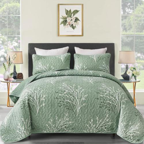 3 Pc Sage Green Quilt Set - Branch Botanical Pattern Bedspread Coverlet Set, 3 Piece Green Floral Quilt Bedding Set Soft Microfiber Daybed Cover for All Season
