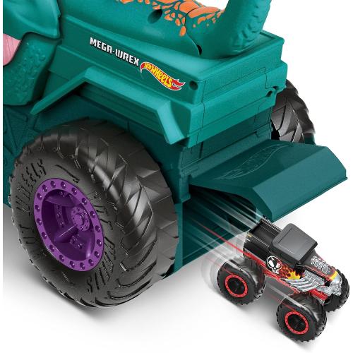 Hot Wheels Monster Trucks Car Chompin' Mega-Wrex, Large Toy Monster Truck & Toy Car, Eats & Poops 1:64 Scale Vehicles, Lights & Sounds