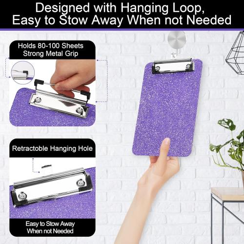 1 PCS A5 Size Clipboards,Size 6 x 9in ClipBoard,Glitter Clipboard with Low Profile Clip,Sparkle Plastic Clipboard,Cute Hanging Clip Board for Office Supplies Clipboards for Kids Clip Boards-Purple