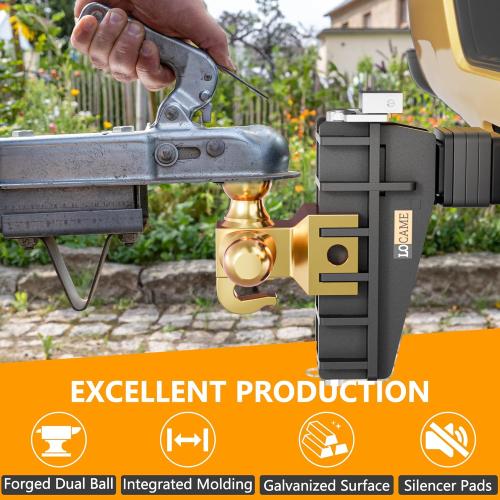 LOCAME Adjustable Trailer Hitch with Hook, Tri-Ball (1-7/8, 2, 2-5/16) Drop Hitch, Fits 2.5 Inch Receiver, 6 Drop Down Hitch, 18,500 LBS Heavy Duty Truck, Solid Ball Mount, Gold, LC0085