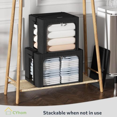 CYhom 3Pack Foldable Storage Bins - Frame Storage Box Linen Fabric Stackable Clothes Container Organizer with Clear Window & Carry Handles Large Capacity (Extra Large-100L, Black)