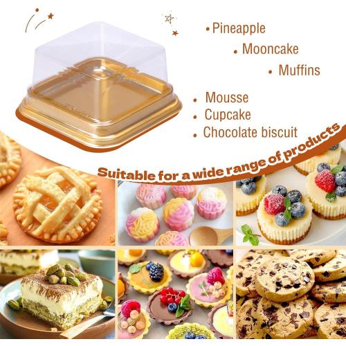 Cake Container Clear Plastic Lids 3.5in Small Dessert Boxes with Gold Bottom and Sticker for Mini Individual Cake Slice Cupcake Cheesecake and Wedding Birthday Present(50 Pack)