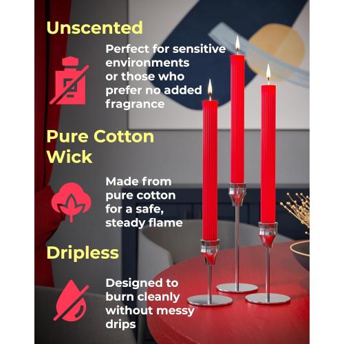 96NORTH 10.6 inch Taper Candles Set of 6, 7/8 inch Base Diameter, Unscented Taper Candles, Up to 18 Hours Burning Time Candlesticks, Dripless Taper Candles, Perfect as Dinner, Household Candles — Red