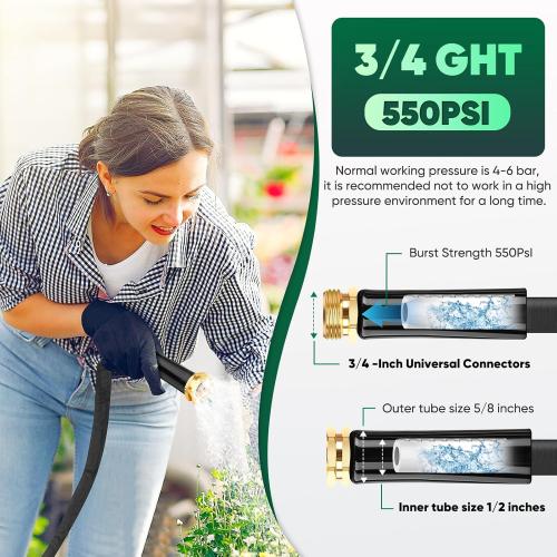 Garden Hose 50ft, Non-Expanding, Lightweight, Leak-Proof Metal interface, No-Knots, Portable, Wear-Resistant, Sturdy, Flexible, 3/4GHT, Water Hose for Yard, Garden