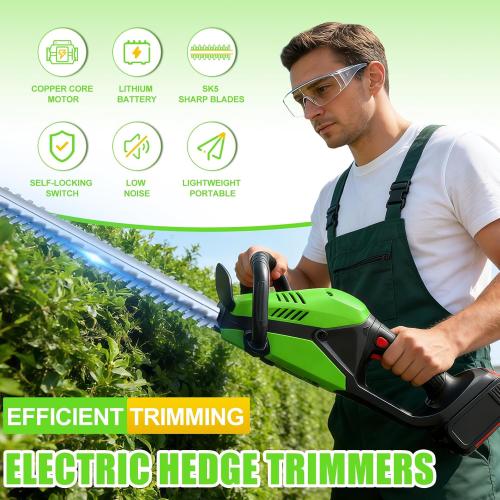 Electric Hedge Trimmers 21v Cordless Hedge Trimmer with Battery & Charger Included Handheld Electric Trimmers with Steel Blade Bush Trimmer for Garden Yard, Green