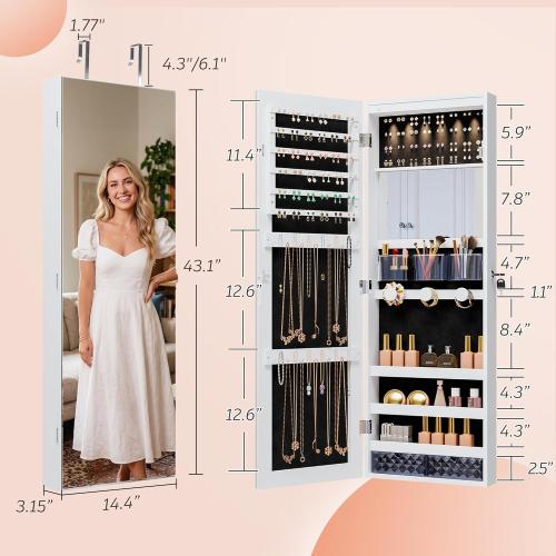 Unisakey Mirror Jewelry Cabinet,Lockable Wall or Door Mounted Jewelry Armoire Organizer With Built-up Mirror,LED Lights, Drawers,Cosmetic Trays,Shelves, 14.4x3.15x 43.1（White）