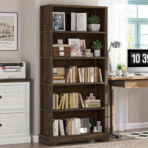 65 Rustic Brown TVU 5-Shelf Wood Bookcase, 65 Inch Tall Bookshelf with Storage, Floor Standing Display Book Shelf, for Living Room Bedroom Study Office, Rustic Brown