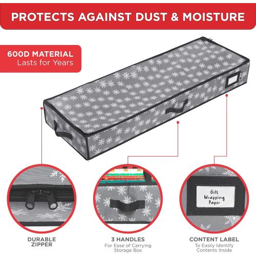 HOLDN’ STORAGE Premium Wrapping Paper Storage Container - Durable 600D Tear-Proof, Fits 27 Rolls Gift Wrap, Extra Pockets for Ribbons & Bows, Underbed Storage - Ideal for Holiday Christmas, Grey/White Snowflakes