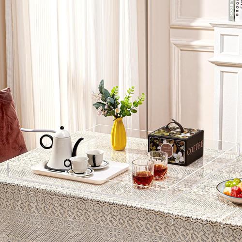 CLEARV22×22 inches Oversized Clear Acrylic Ottoman Tray Extra Large Decorative Tray Spill-Proof Serving Trays with Handles King-Size Safe Edge Organizer for Coffee Table Countertop Breakfast