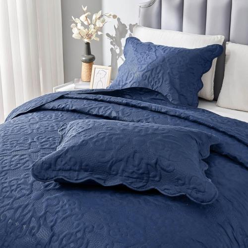 Oversized King Bedspreads 128x120 Extra Wide Quilt for Tall King California King Bed Lightweight 3 Piece Quilted Coverlet Pillow Shams Set Navy