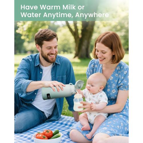 Portable Bottle Warmer Extended Battery Life - Dual Heating Modes for Breast Milk & Water, 17 Ounces, Fast Heating, Ideal for Travel, Outdoor, Baby Shower, Green