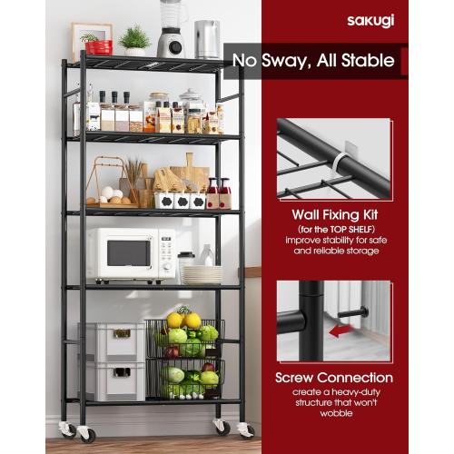Sakugi Storage Shelves Organizer - 5 Tier Metal Shelf Organizer with Metal Wheels and Adjustable Leveling Feet, Heavy Duty Garage Shelving for Kitchen, Pantry and Closet, 33.1x12.6x73.5, Black