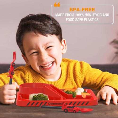 Dinneractive Dining Set for Kids - 3PC Red Race Car Dinnerware - Race Car Utensils - Toddler Plates - Baby Dishes