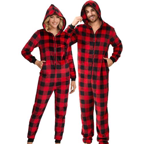 Size 2XL Red Plaid Lightweight Fleece Onesie Pajamas, Hooded Printed Zipper Pjs Set for Women & Men Christmas Sleepwear Warm