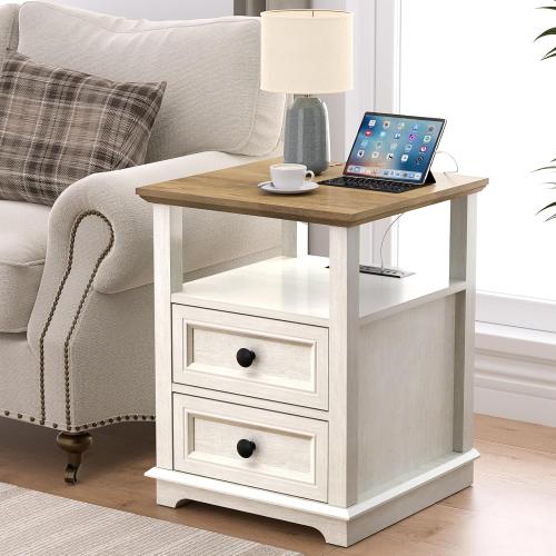 End Table with Fast Charging Station, Side Table with 2 Drawers | Large Storage Rustic Wood Square Storage Cabinet for Living Room,Bedroom,Office