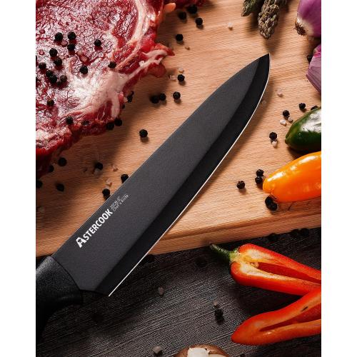 Astercook Knife Set, Kitchen Knife Set with Built-in Sharpener Block, Dishwasher Safe, 15 Pieces German Stainless Steel Knife Block Set, Black