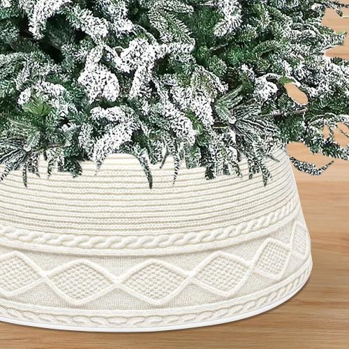 Malier Christmas Tree Collar, 30’’ Knit Xmas Tree Collar, Christmas Tree Collars for Artificial Trees, 11 Extra Tall Tree Stand Base Cover Ring Skirt for 6 ft 9 ft Tree (White, 11''H × 30 W)