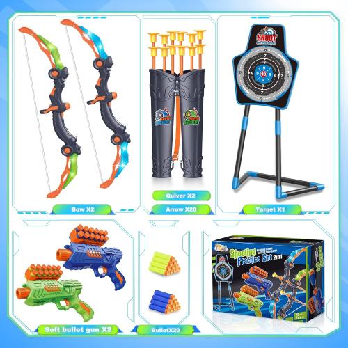 SpringFlower 2 Bow and Arrow Sets with LED Light-up,2 Foam Dart Guns for Kids 5 6 7 8 9 10  Years Old, Archery Set with Standing Target for Boys & Girl, Ideal Gift