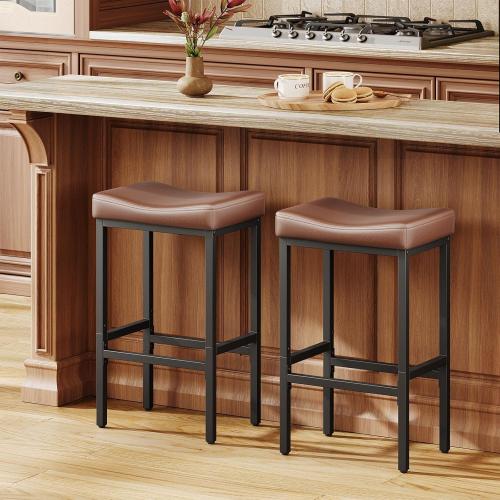 24 Inch Counter Height Bar Stools Set of 2, Compact Counter Stools for Small Spaces, Premium Faux Leather Barstools with Right-Sized Saddle Seat & Metal Legs, 15-Minute Easy Assembly, Brown