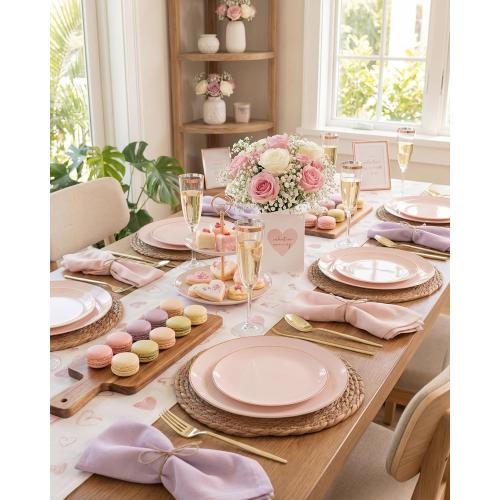 PULOTE 100PCS Pink Plastic Plates - Heavy Duty Pink and Gold Disposable for Party, Wedding, Valentines & Galentines Day, Include 50 Each (Dinner & Dessert) Plates