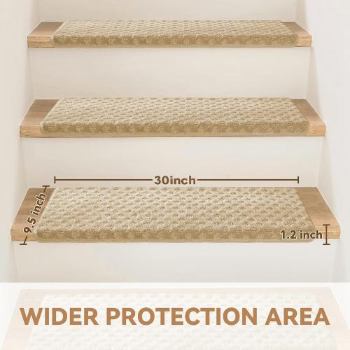 Size 9.5x30 2 Pcs Color Brown  Stair Treads Non Slip 9.5 x 30, 2 Pcs Carpet Stair Treads for Wooden Steps Indoor with Edge Protection, Reusable Peel and Stick TPU Backing Stair Runner Rugs - Lattice Pattern Beige