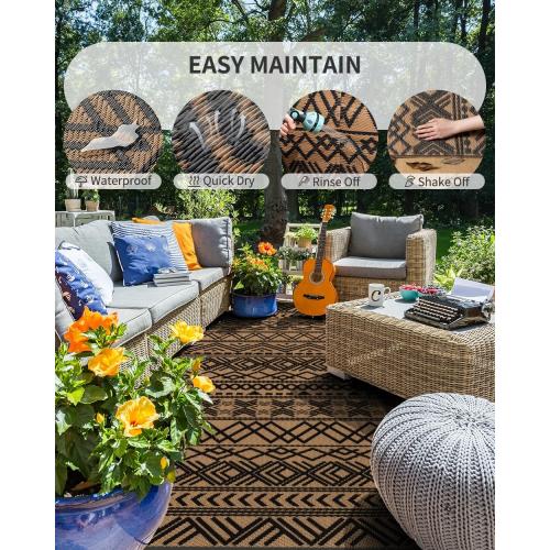 MontVoo-Outdoor Rug Carpet Waterproof Reversible Patio Rug RV Camping Rug-Plastic Straw Rug Outside Indoor Outdoor Area Rug for Patio Deck Balcony Picnic Beach Outdoor Decor Boho Black Brown