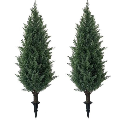 3FT Artificial Cedar Topiary Trees with Ground Spike, 2 Pack UV Resistant Artificial Bushes, Faux Cypress Plants Faux Shrubs for Outdoor Indoor Front Porch Garden