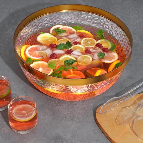 NiHome Gold Trim Clear Plastic Punch Bowl with Ladle and Tong for Parties, Weddings, BBQs, 1.4 Gallon Beverage Serving Bowl Complete Set for Cocktails, Salads, Snacks, Easy to Clean
