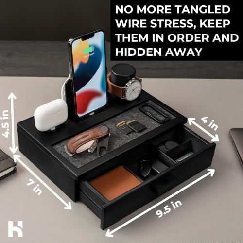Holme & Hadfield Premium Wooden Phone Docking Station with Drawer – Nightstand Organizer for Charging Phone & Earbuds – Declutter Your Space with Felt-Lined Protection & Watch Pillar – Gift For Men