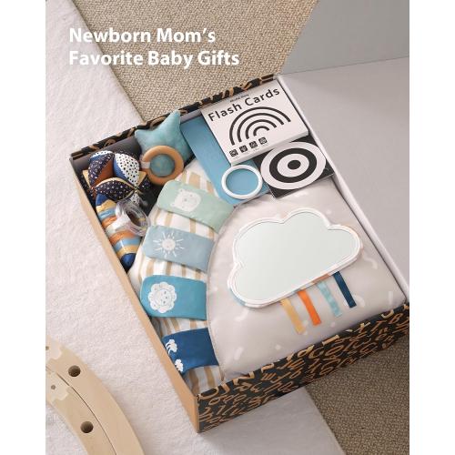 Blissful Diary Baby Play Gym & Activity Mat, 5 Developmental Zones Wooden Tummy Time Mat with 5 Detachable Sensory Toys for Motor Skills & Sensory Development, Baby Essentials Shower Gift