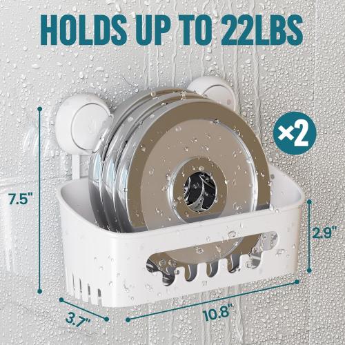 TAILI Shower Caddy Suction Cup 2 Pack, Heavy Duty Bathroom Organizer, Removable Shelves for Inside Shower, Shampoo, Waterproof Suction Plastic Storage for Bathroom Accessories Holder, White