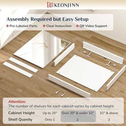 Keonjinn 30 x 26 Inch White Medicine Cabinet Mirror, Assembly Needed, in Wall Medicine Cabinets for Bathroom, Lightweight, Adjustable Shelves, Tempered Glass, Soft Closing, Recessed or Wall Mount