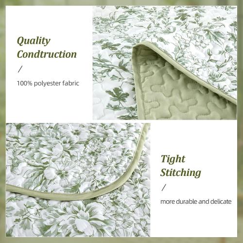 WONGS BEDDING Botanical King Size Quilt, 3 Pieces Bedspread Set, Sage Green | Floral Printed, Microfiber Coverlet, Breathable All-Season, Fits King 110x90, Perfect for Bedroom Guest Room Home Decor