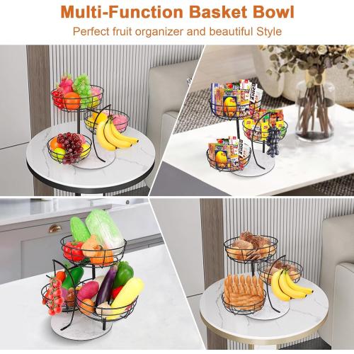 Livabber Fruit Basket Bowl with Banana Hanger, Metal Fruit Vegetable Storage Basket with Banana Holder for Kitchen Counter, Detachable Organizer for Bread Snack Produce (Black, 3-Tier Marble Base)