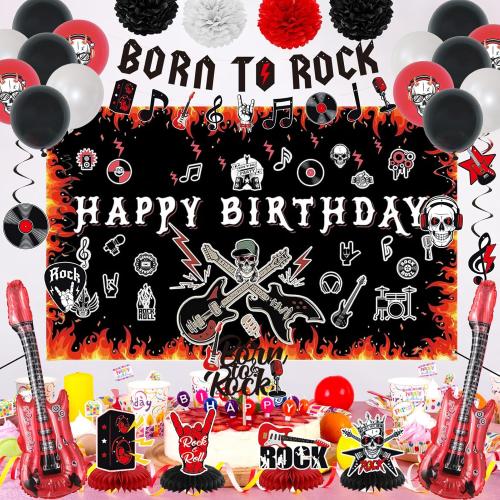 Crenics Rock and Roll Birthday Party Decorations - Happy Birthday Backdrop, Born to Rock Banner, Swirls, Honeycomb, Paper Pom Poms and Balloons for Star Music Decorations